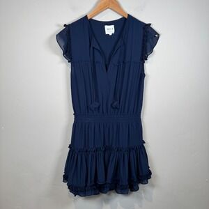 MISA Los Angeles Aryana Dress Navy‎ Small Pom Pom Mini Flutter Sleeve Tiered